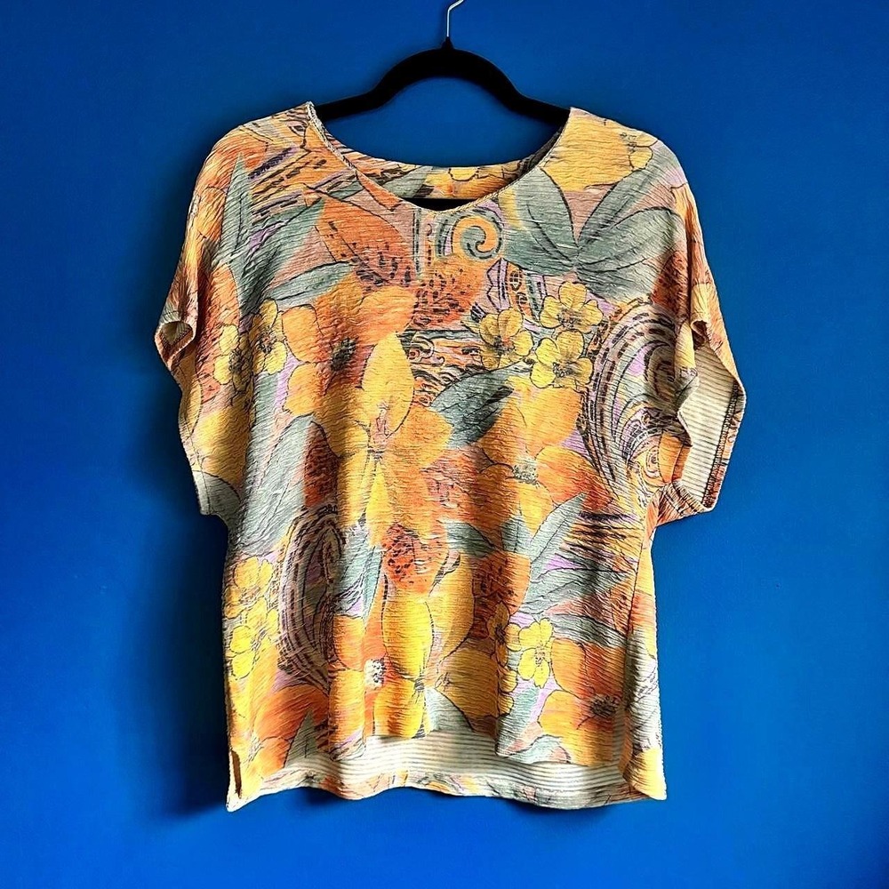 Vintage 80s V Neck Women's Size Large Perruzza Orange Floral Tropical Retro